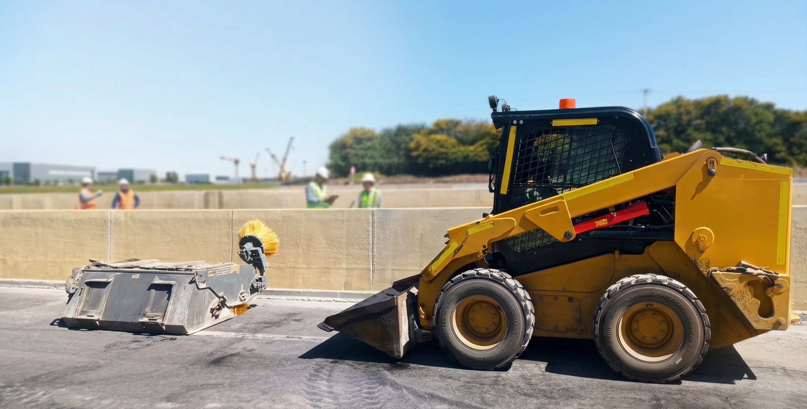 Minicargador Caterpillar 246D3 con barredora operando en obra pública